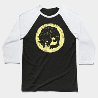 Woodcut Werewolf - Yellow Moon Baseball T-Shirt